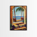 Swing Ocean, Tropical, Archway, Framed Canvas Print, Beach retreat wall art, vibrant tropical decor, Bedroom or Bathroom Wall Art