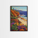 Ocean Cactus, Sunset, Framed Canvas Print, Southwest Coastal Art, Desert Beach Wall Decor, Colorful Nature Scene, Bathroom Wall Art