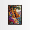 Cave Beach, Flowers, Framed Canvas Print, Coastal Landscape Wall Art, Colorful Boho Nature Decor, Living Room art, Office Wall Art