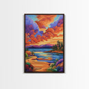 Sunset Lake, Pathway, Dreamy, Framed Canvas Print vibrant sunset lake art, colorful sky and mountain scene, living room art, office boho decor