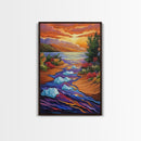 Icebergs River, Sunset, Autumn, Framed Canvas Print colorful autumn iceberg painting, vibrant sunset water flow, fall landscape wall art