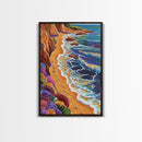 Cliff Shoreline, Ocean, Flowers, Framed Canvas Print, coastal boho art, colorful seascape, beach lover gift, bathroom or hallway art