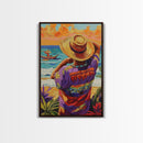 Seaside Man, Sunset, Framed Canvas Print, Vibrant beach artwork, coastal boho decor, hallway wall art, Mexico travel scene painting