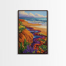 Ocean Cliffside, Floral, Seascape, Framed Canvas Print, Coastal Nature Wall Art, Bold Botanical Beach Decor, Bathroom Accent Piece