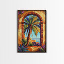 Palm Tree, Tropical Window, Coastal Home, Framed Canvas Print, beach wall art, boho art, Mediterranean decor, Kitchen Wall Art