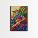 Fiesta Garden, Cactus Flowers, Bright Patio, Mexican Blooms, Framed Canvas Print, Kitchen Wall Art, boho floral decor, folk charm