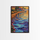 Waterfront Glow, Sunset Village, Palm Colors, Tranquil Scene, Framed Canvas Print, Dining Room Wall Art, Coastal Home Decor, Tropical Vibes