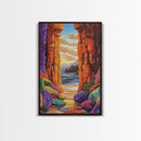 Hidden Cove, Rocky Entry, Ocean View, Sunset Moment, Framed Canvas Print, Bedroom Wall Art, Seaside Fantasy, Desert Coastal Decor
