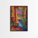 Desert Garden View, Vibrant Sunset Patio, Mexican Courtyard Scene, Framed Canvas Print, Colorful Patio Art, Kitchen Wall Art, Boho Decor