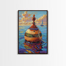 Buoy Ocean Sailboat Painting, Framed Canvas Print, Nautical boho decor, beach home wall art, coastal sunset colors, lakehouse vibe