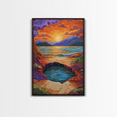 Sunset Lake Reflection, Fiery Sky, Tranquil Water, Mountain Glow, Framed Canvas Print, Bedroom Wall Art, Autumn Decor, Serene Art