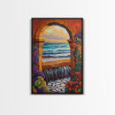 Stone Archway Ocean, Dreamy Seaside Scene, Romantic Sunset Art, Framed Canvas Print, Coastal Entryway Wall Art, Vacation Vibes