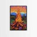 Flames Forest, Dusk, Firelight, Framed Canvas Print rustic bonfire wall art, forest painting, Autumn cabin decor, cozy living room wall art