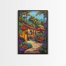 Tropical Courtyard, Retreat, Pathway, Framed Canvas Print, vibrant tropical patio scene, colorful garden art, Spanish boho home decor