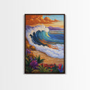 Wave Sunset, Ocean, Flowers, Canvas Print, Crashing sunset wave with tropical flowers, coastal bathroom and surf-themed wall decor