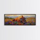Resting Bison, Sunset Plains, Prairie Wildflowers, Framed Canvas Print, Autumn Decor, Western Wall Art, Cabin Living Room Accent