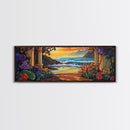Ocean Escape, Sunset Garden, Floral Coastal Scene, Mediterranean Vibes, Framed Canvas Print, Kitchen Wall Art, Bold Color Artwork