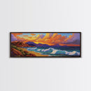 Coastal Sunset Glow, Ocean Horizon, Vibrant Wave Art, Framed Canvas Print, Living Room Wall Art, Colorful Beach Landscape