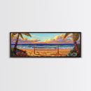 Beach Sunset, Palm Trees, Volleyball Net, Tropical Decor, Framed Canvas Print, Coastal Wall Art, Boho Beach Vibes, Game Room Art