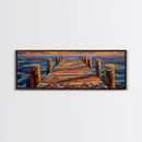 Wooden Dock Sunset, Ocean Pier Painting, Tranquil Seascape Decor, Nautical Beach House Style, Framed Canvas Print