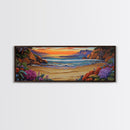 Tranquil Beach Sunset, Colorful Coastal Scene, Ocean Cliff View, Floral Accents, Framed Canvas Print, Dining Room art,  Office Art