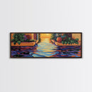 Sunset Canal Garden, Water Reflections, Warm Floral Courtyard, Framed Canvas Print, Kitchen Wall Art, Romantic Boho Artwork
