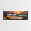 Sunset Beach, Coastal Rocks, Tranquil Shore, Golden Light, Framed Canvas Print beach house decor, minimalist landscape, bedroom art