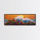 Sunset Wave, Colorful Spray, Ocean Burst, Warm Tones, Framed Canvas Print, surf-inspired bedroom art, coastal decor, tropical fall wall piece