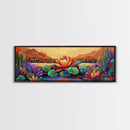 Lotus Bloom, Tranquil Pond, Sunset Flowers, Framed Canvas Print, Zen Wall Art, Yoga Studio Decor, Nature Inspired Floral Painting