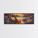 Peaceful Beach Chair, Vibrant Sunset Retreat, Tropical Escape Wall Art, Framed Canvas Print, Vacation Home Decor, Boho Island Artwork