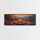 Mountain Campfire Glow, Forest Bonfire Scene, Sunset Wilderness Art, Canvas Print, Autumn Living Room Decor, Rustic Outdoor Vibe
