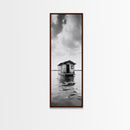 Floating Cabin, Water House, Tranquil Escape, Framed Canvas Print, Serene lake house wall art, Cabin decor, Nature minimalist bathroom print