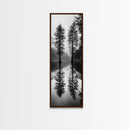 Twin Pines, Forest Reflection, Misty Lake, Black and White Nature, Framed Canvas Print, Living Room Wall Art, Nature Photography, Zen Decor