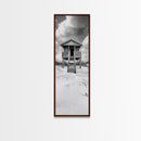 Beachfront Cabin, Rustic Shack, Seaside Simplicity, Cloudy Sky, Island Life, Framed Canvas Print, Entryway Wall Art, Coastal Farmhouse Decor