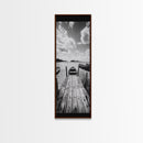 Docked Rowboat, Calm Waters, Rustic Pier, Serene Lake View, Framed Canvas Print, Black and White Coastal Art, Bedroom Wall Decor