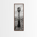 Driftwood Totem, Coastal Pillar, Ocean Beach Monochrome, Framed Canvas Print, Rustic Wall Art, Boho Bedroom Decor, Nature Photography