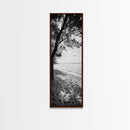 Coastal Tree Shade, Beach Sand Path, Seaside Serenity, Nature Retreat, Framed Canvas Print, Bathroom Wall Art, Neutral Tones, Calm Ocean Art