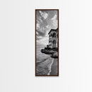 Italian Villa Coast, Seaside Architecture Print, Elegant Travel Decor, Framed Canvas Print, Dining Room Wall Art, Monochrome