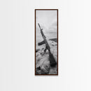 War Relic, AK Rifle, Surreal Beach Scene, Framed Canvas Print, Bold Statement Art, Bachelor Pad or Office Decor, Rustic Industrial Style