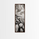 Sunrise Shore, Tranquil Coast, Pebble Beach, Golden Glow, Framed Canvas Print Fall Wall Art, Landscape Living Room Decor, Minimalist Aesthetic