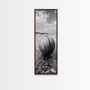 Weathered Buoy Ball, Rustic Coastal, Beach Decor, Nautical Minimalism, Framed Canvas Print, Bathroom Wall Art, Ocean Inspired Design