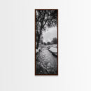 Peaceful Creek, Snow Trees, Winter Flow, Framed Canvas Print, Rustic Nature Art, Farmhouse Wall Decor, Serene Entryway Accent, Bedroom Decor