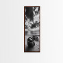 Coastal Bag, Driftwood Rock, Stormy Sea, Framed Canvas Print, Moody Beach Wall Art, Minimalist Decor, Ocean Vibe Photography
