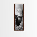 Seaside Cliffscape, Ocean Horizon, Monochrome Nature Scene, Framed Canvas Print, Coastal Living Room Art, Modern Rustic Wall Decor