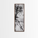 Serene Beach Tree, Calm Ocean Coast, Black White Shoreline, Framed Canvas Print, Coastal Entryway Decor, Minimal Nature Wall Art