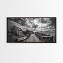 Seaside Village, Driftwood Cabins, Coastal Road, Vintage Fishing Town, Framed Canvas Print, Rustic Kitchen Wall Art, Moody Monochrome