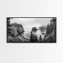 Misty Coastal Cliffs, Ocean Horizon, Monochrome Art, Nature Landscape, Canvas Print, Rustic Living Room Decor, Moody Wall Art, Black and White