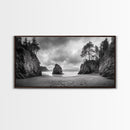 Hidden Coastal Cove, Dramatic Ocean Scene, Natural Seascape, Canvas Print, Rustic Cabin Wall Art, Black and White Beach Photography