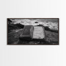 Weathered Journal Shore, Vintage Book, Ocean Background, Canvas Print, Antique Study Wall Art, Nautical Literary Photography