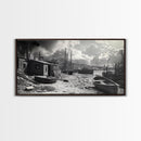 Old Fishing Harbor, Weathered Boats, Coastal Village Scene, Canvas Print, Nautical Kitchen Wall Art, Maritime Black and White Decor